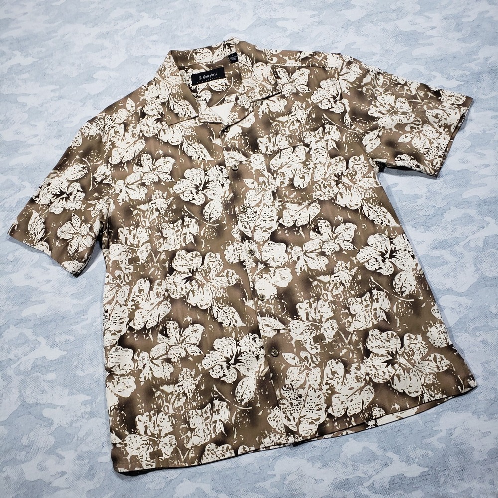 J. Campbell Los Angeles Hawaiian Shirt Mens Large Brown 100% Silk Hibiscus Print